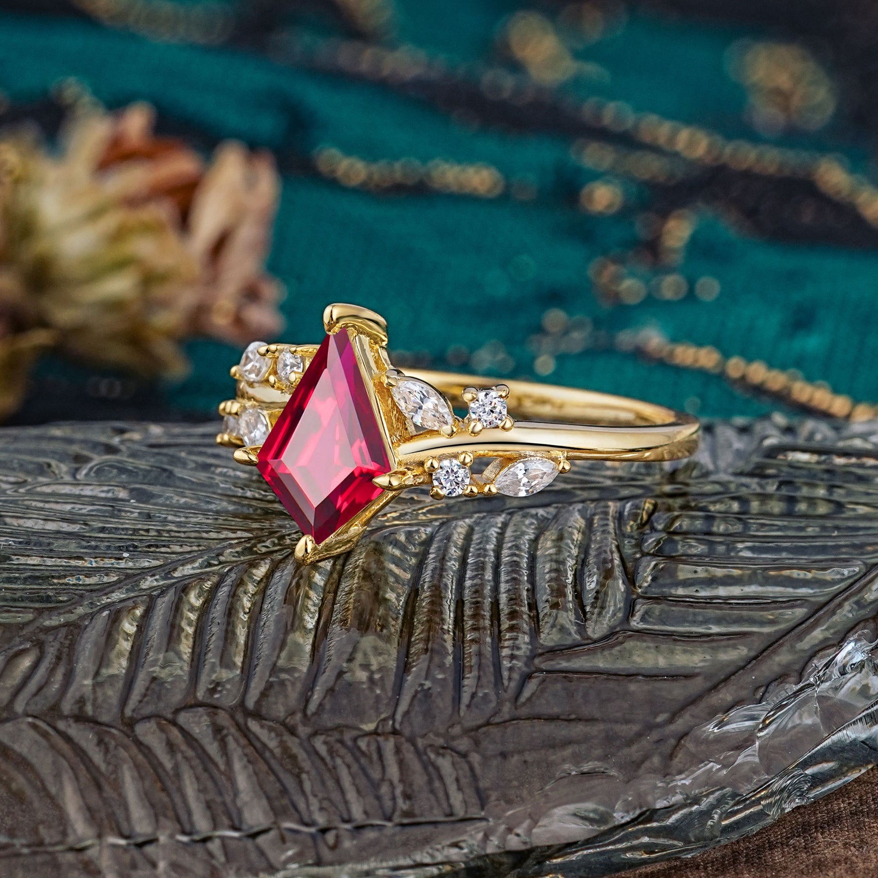 Unique Sparkling Kite Cut Ruby Engagement Ring - Additional view