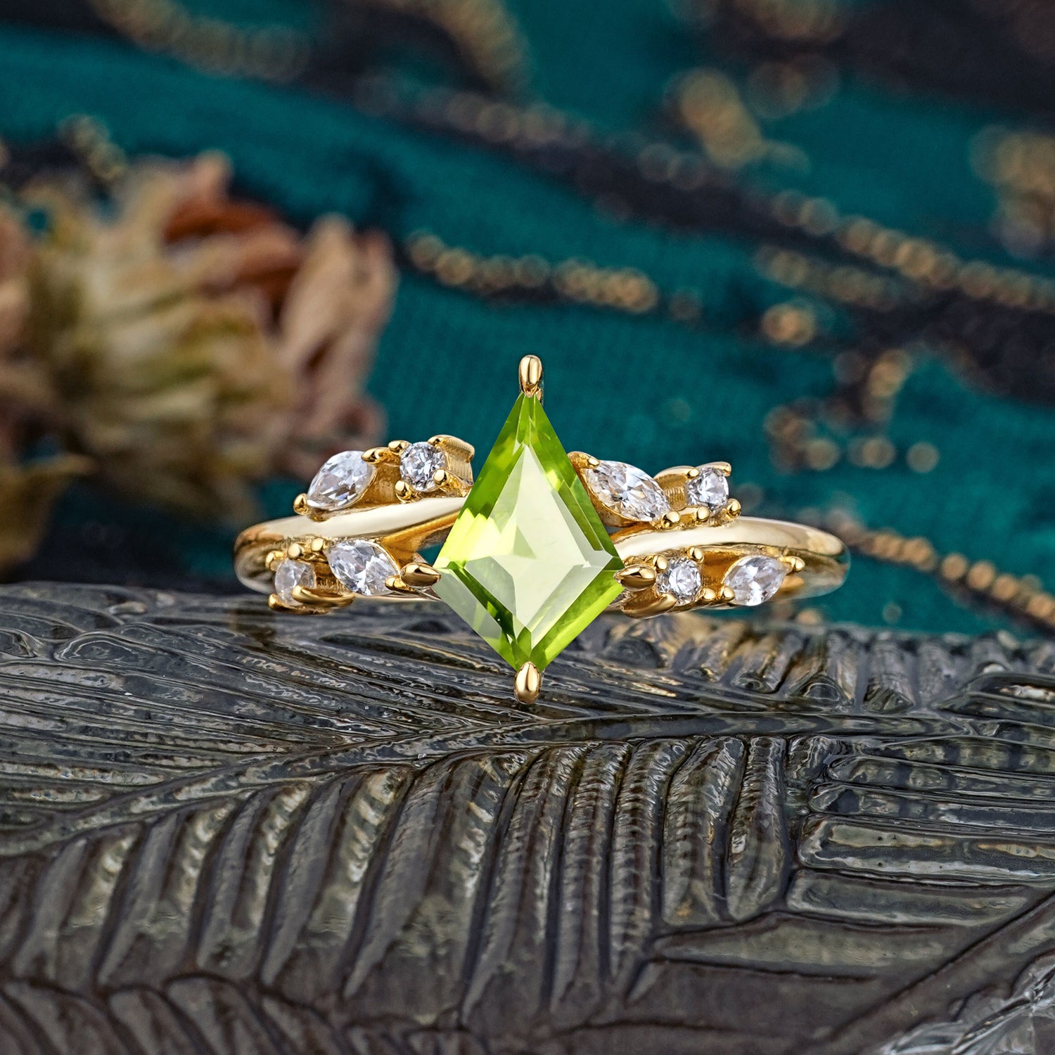 Unique Sparkling Kite Cut Peridot Engagement Ring - Additional view