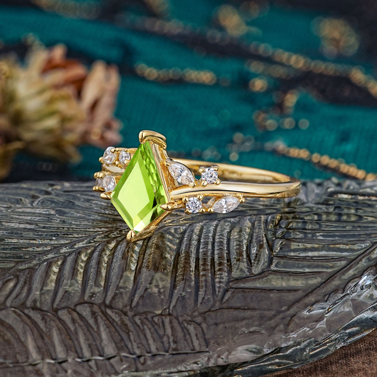 Unique Sparkling Kite Cut Peridot Engagement Ring - Additional view