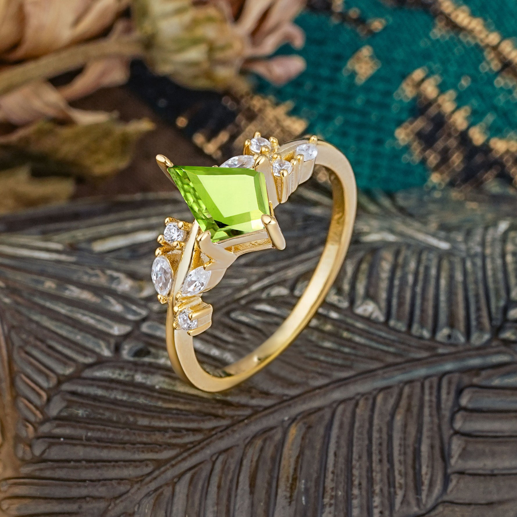 Unique Sparkling Kite Cut Peridot Engagement Ring - Additional view
