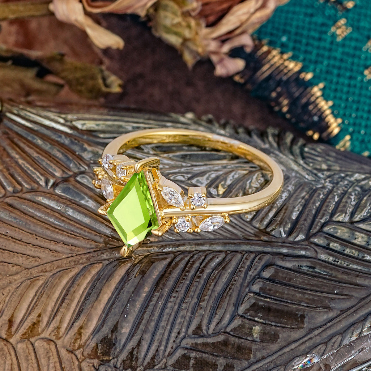 Unique Sparkling Kite Cut Peridot Engagement Ring - Additional view