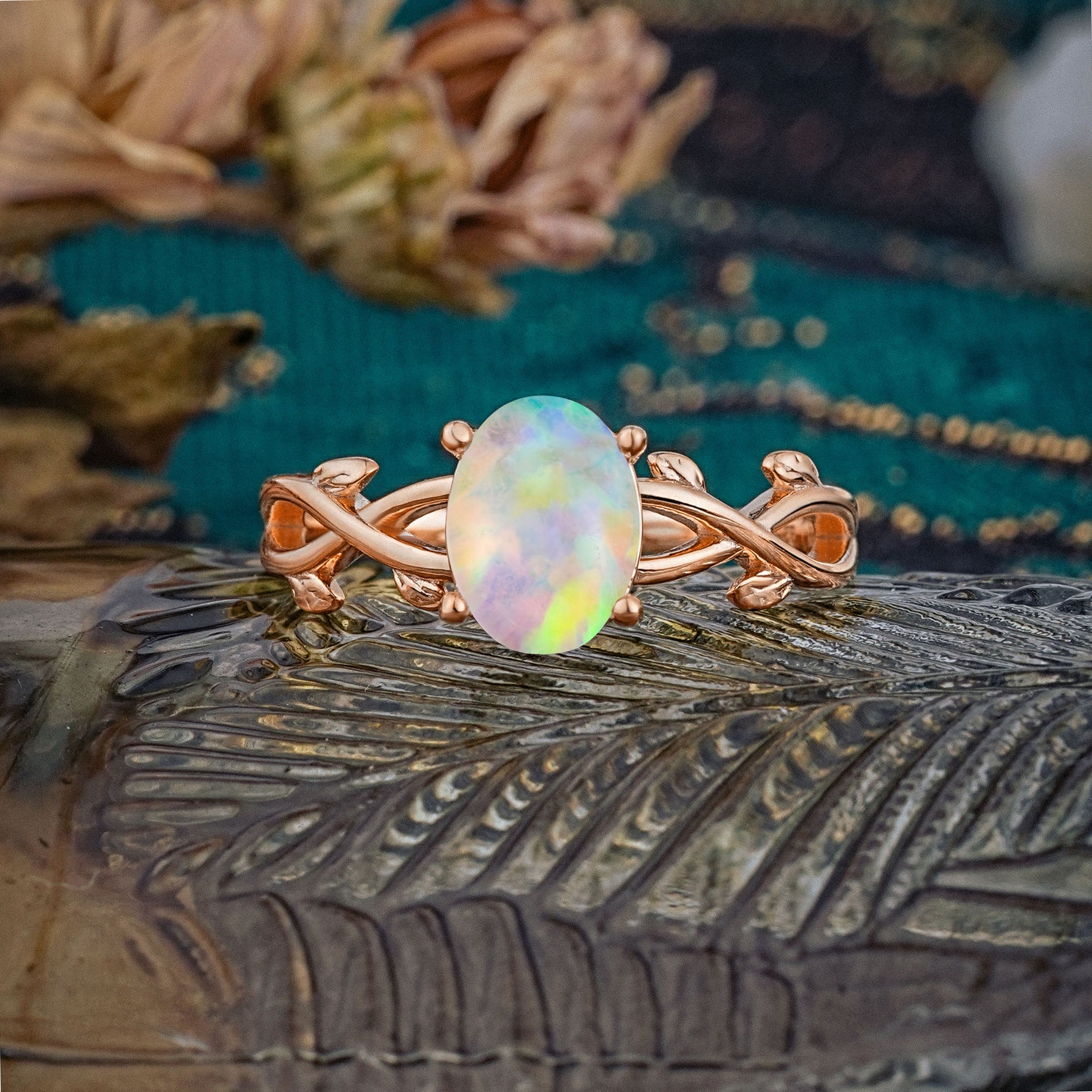 Nature inspired Fire Opal Engagement Ring - Additional view