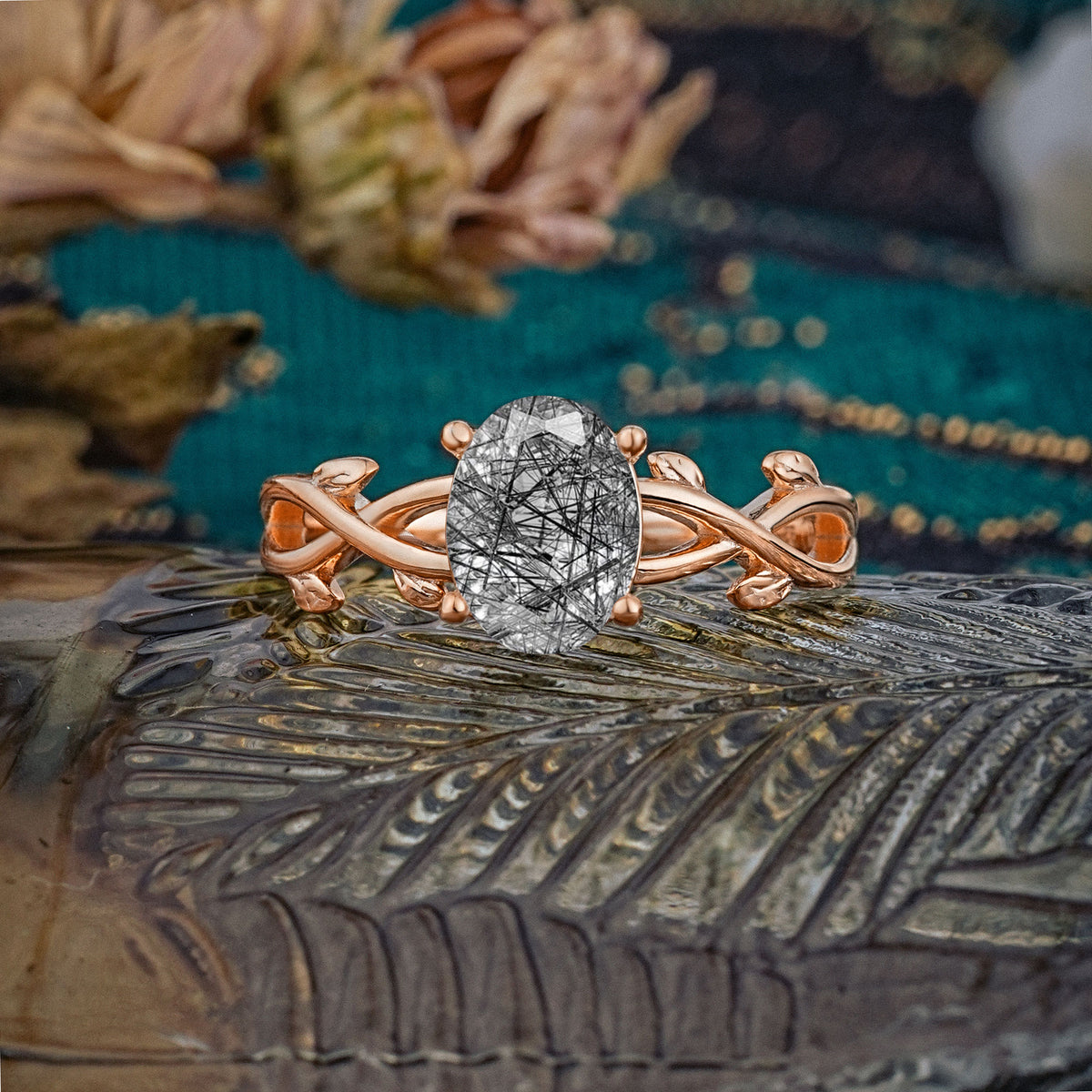 Nature inspired Black Rutilated Quartz Engagement Ring - Additional view