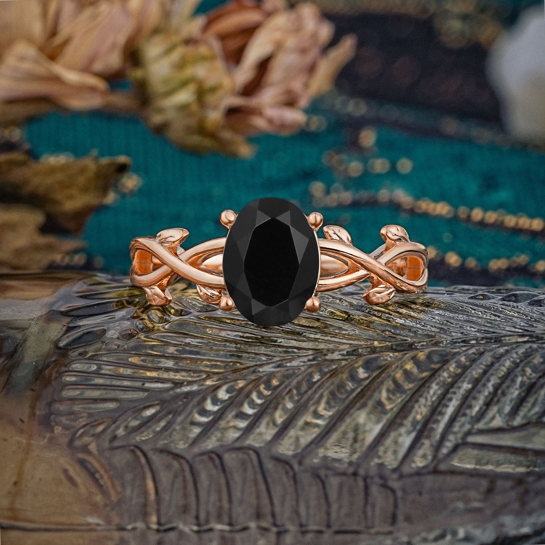 Nature inspired Black Onyx Engagement Ring - Additional view