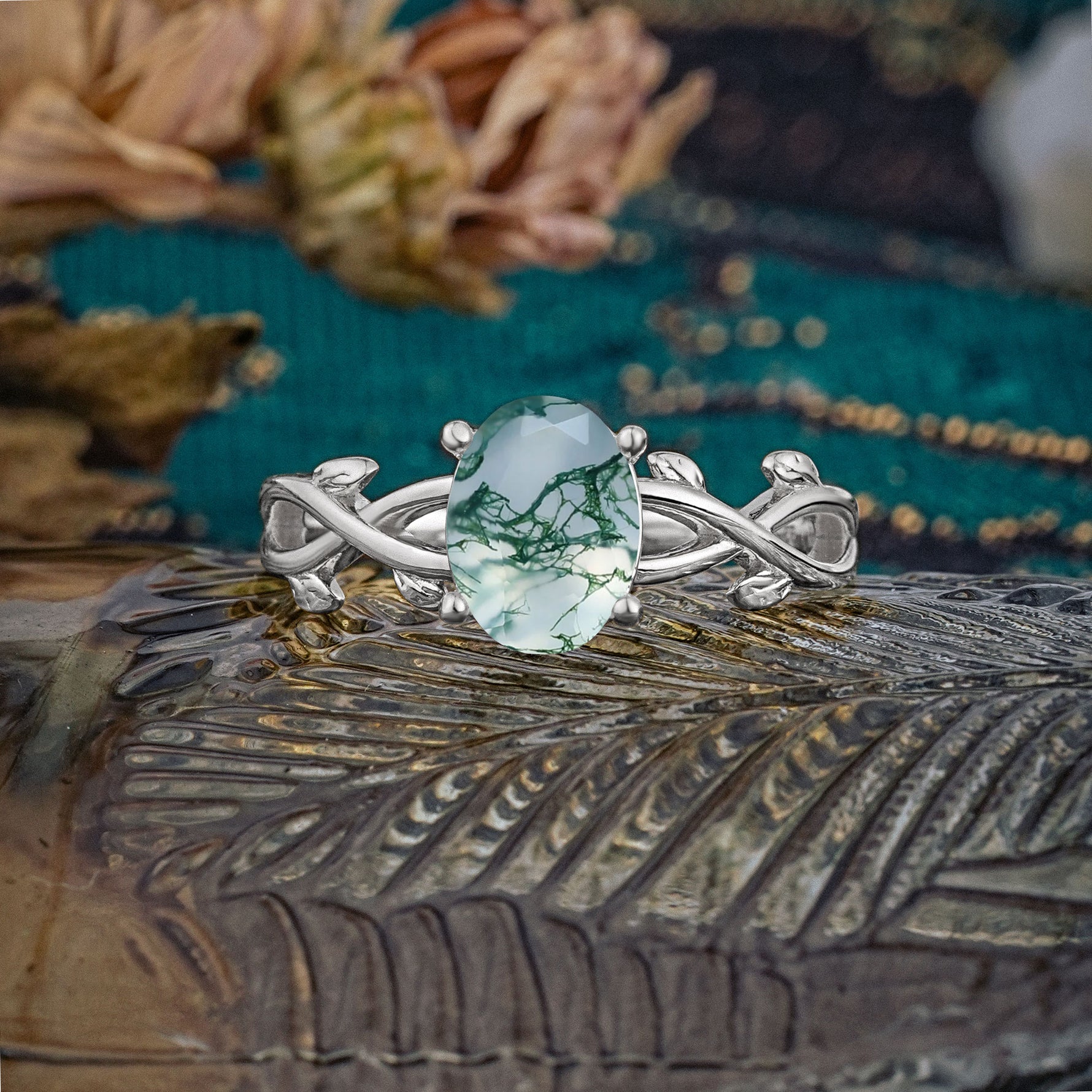 Nature inspired Moss Agate Engagement Ring - Additional view