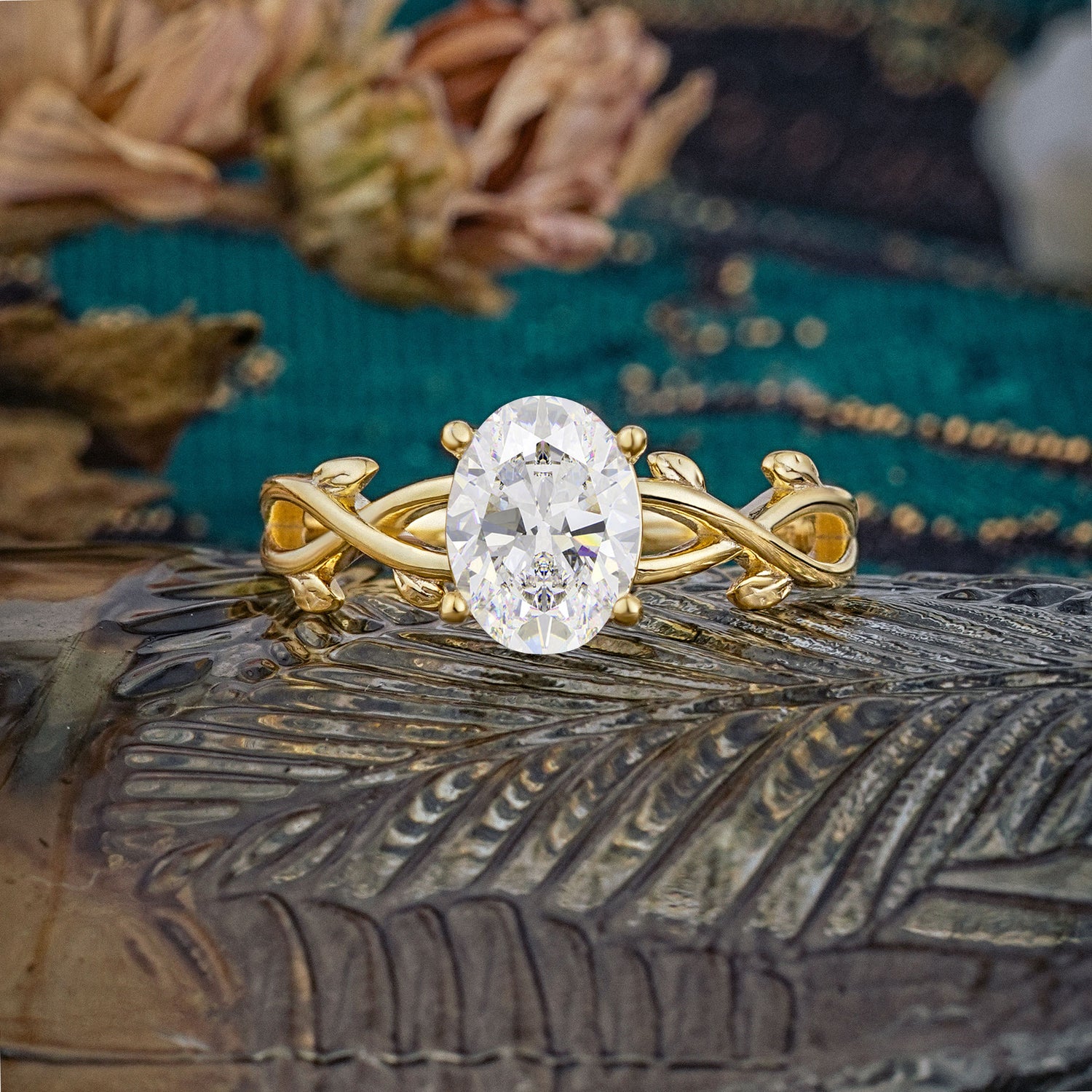 Nature inspired Oval cut Moissanite Engagement Ring