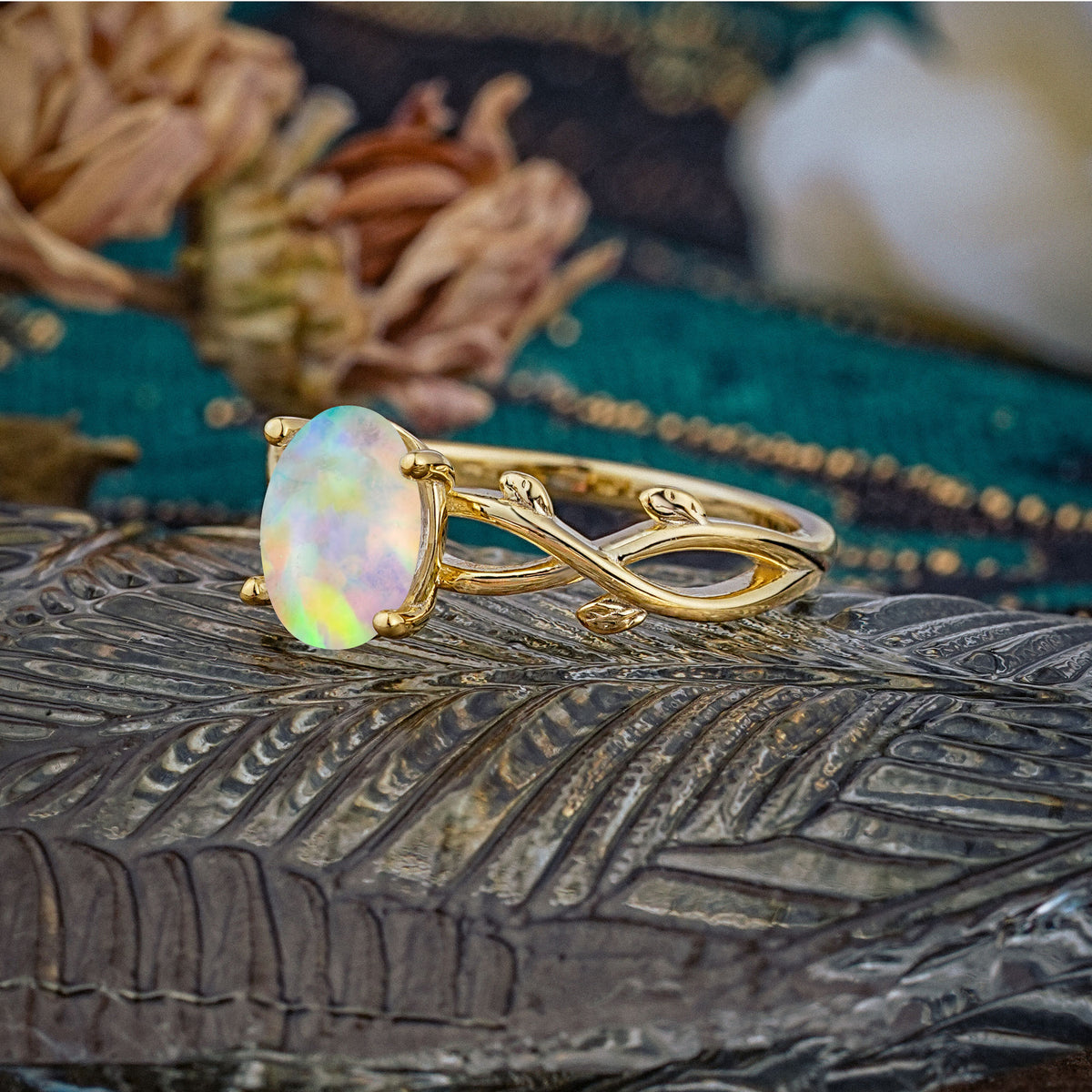 Nature inspired Fire Opal Engagement Ring - Additional view