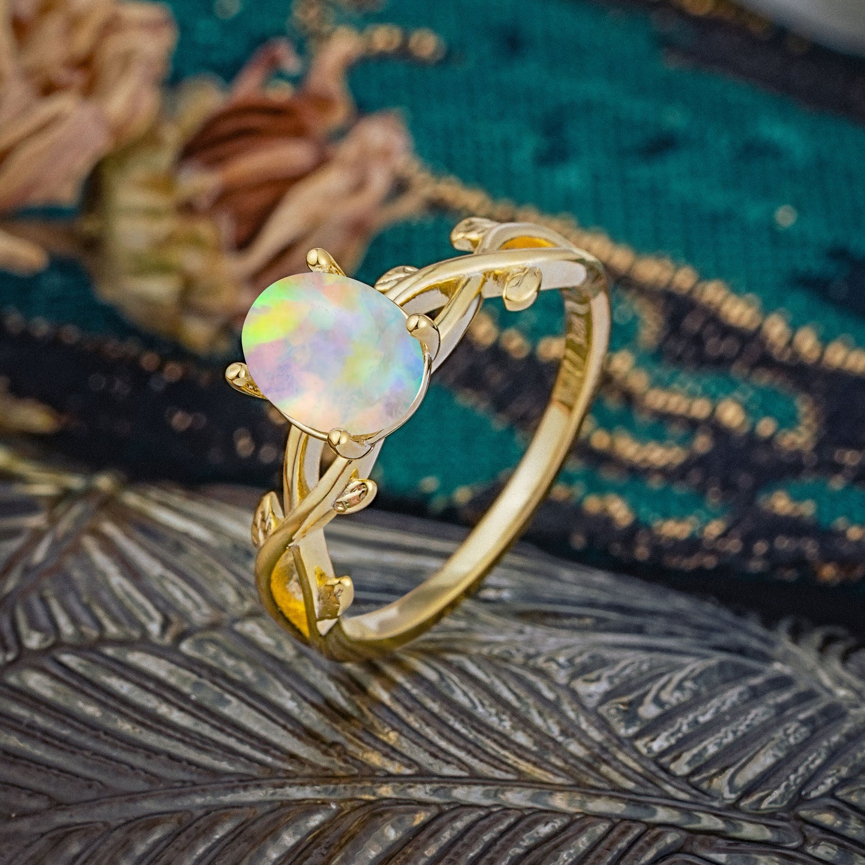 Nature inspired Fire Opal Engagement Ring - Additional view