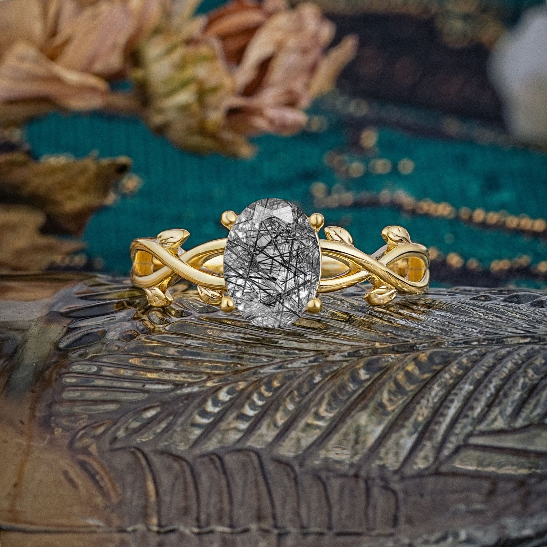 Nature inspired Black Rutilated Quartz Engagement Ring - Additional view