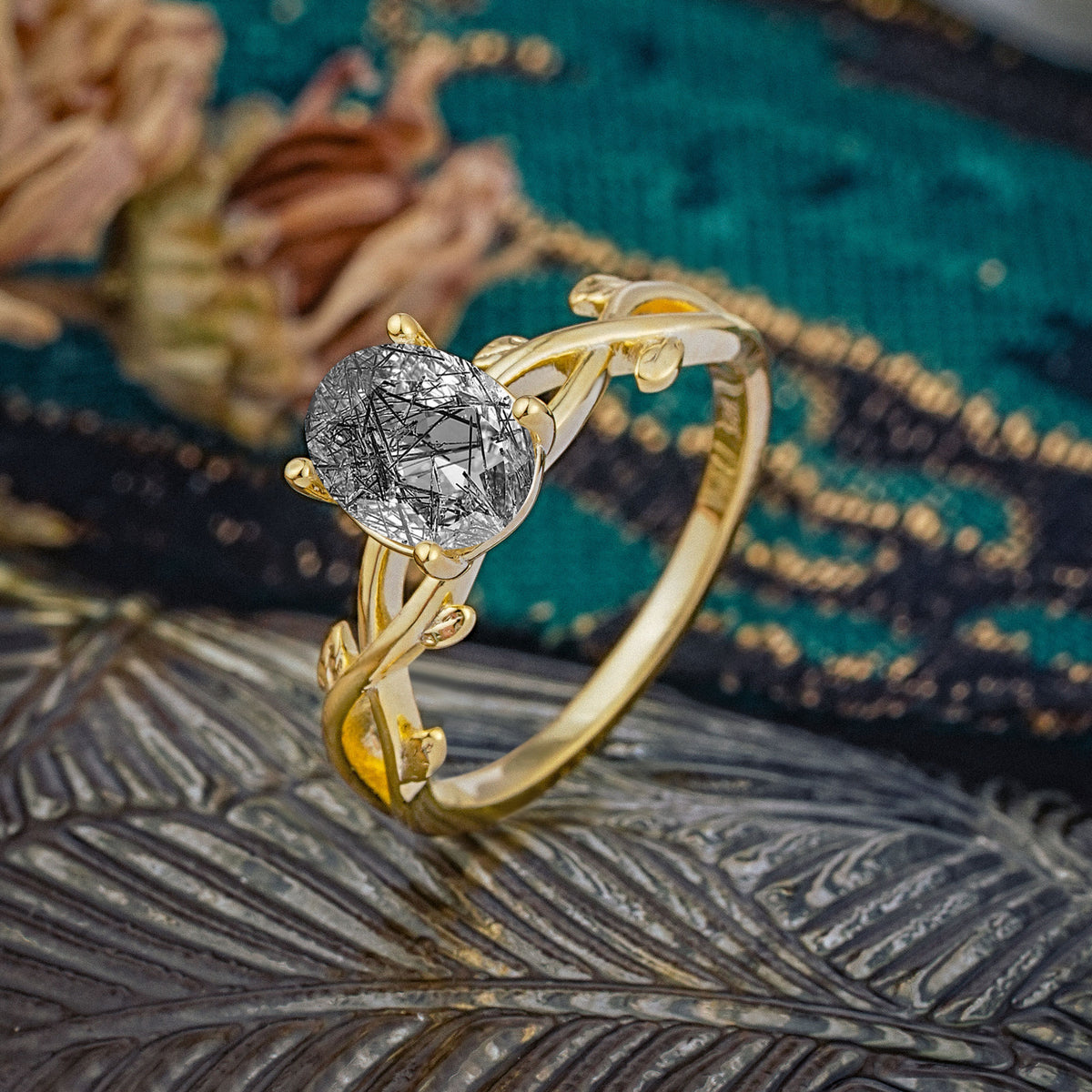 Nature inspired Black Rutilated Quartz Engagement Ring - Additional view