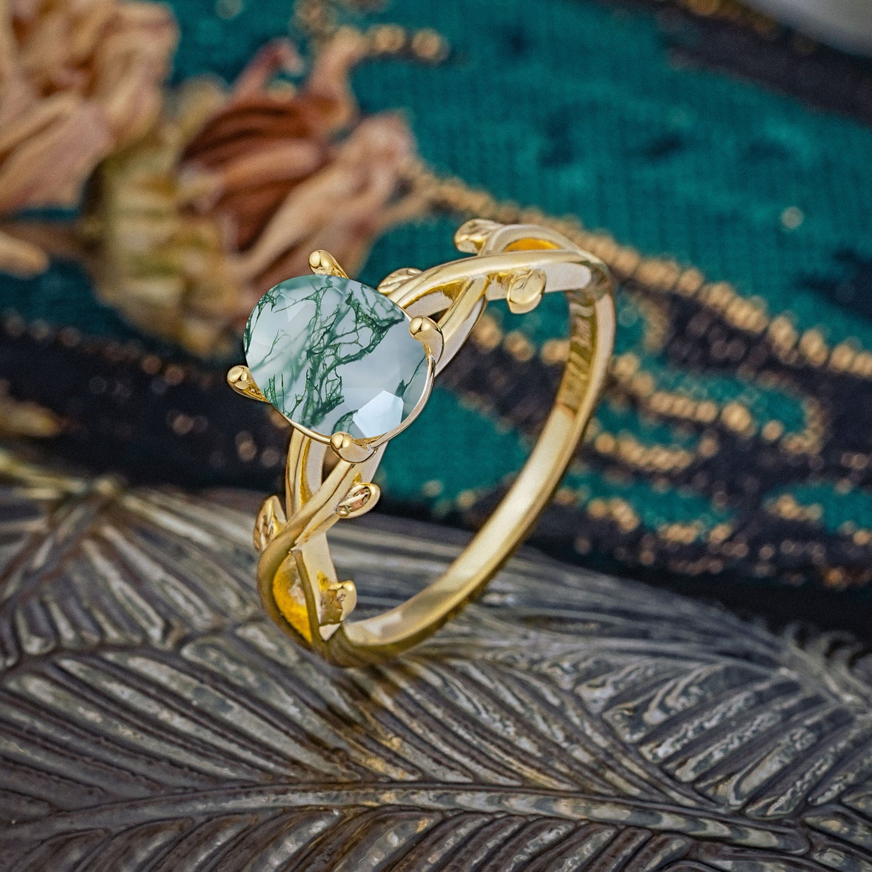 Nature inspired Moss Agate Engagement Ring - Additional view