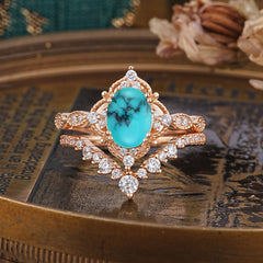 Gorgeous Oval Cut Turquoise Engagement Ring Set