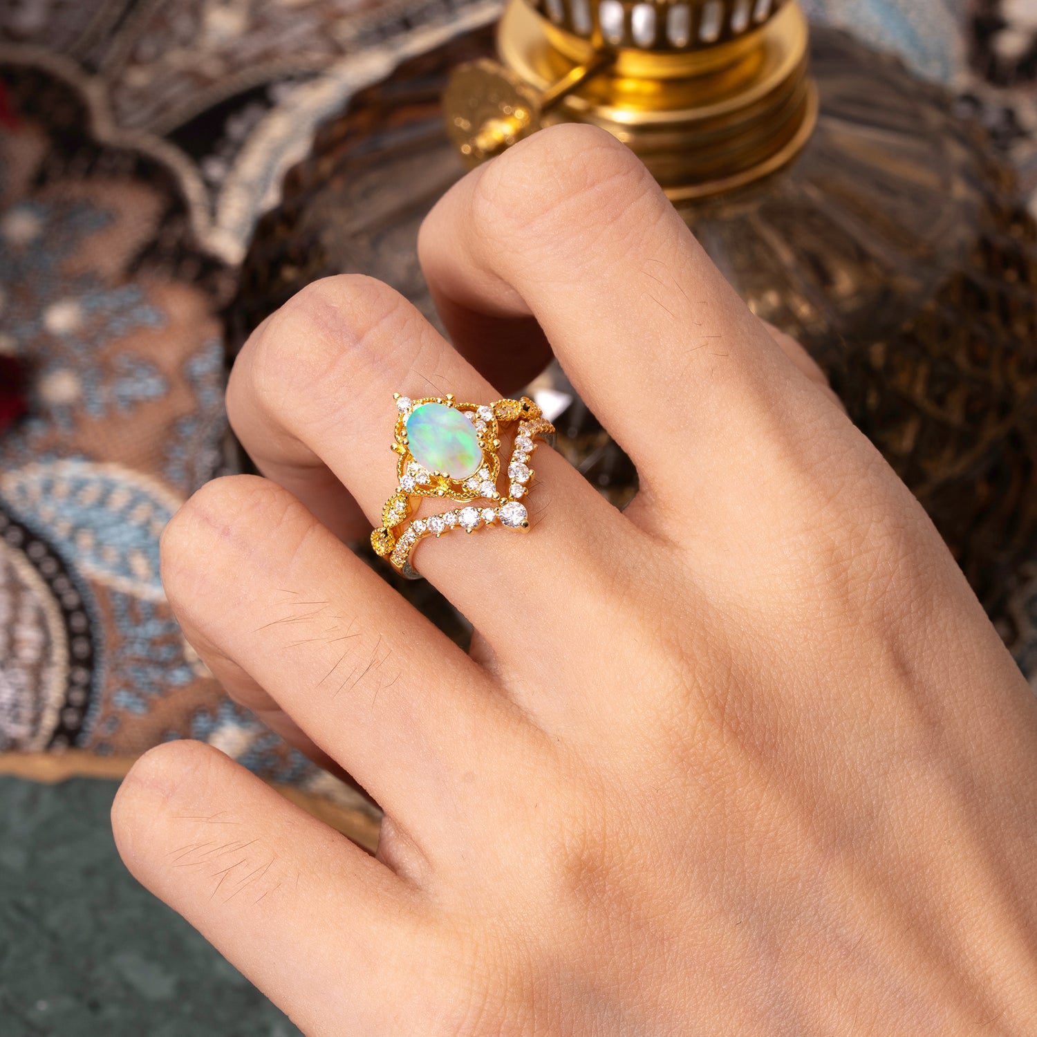 Gorgeous Oval Cut Opal Bridal Ring Set