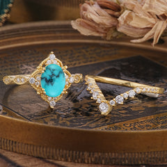Gorgeous Oval Cut Turquoise Engagement Ring Set