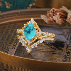 Gorgeous Oval Cut Turquoise Engagement Ring Set
