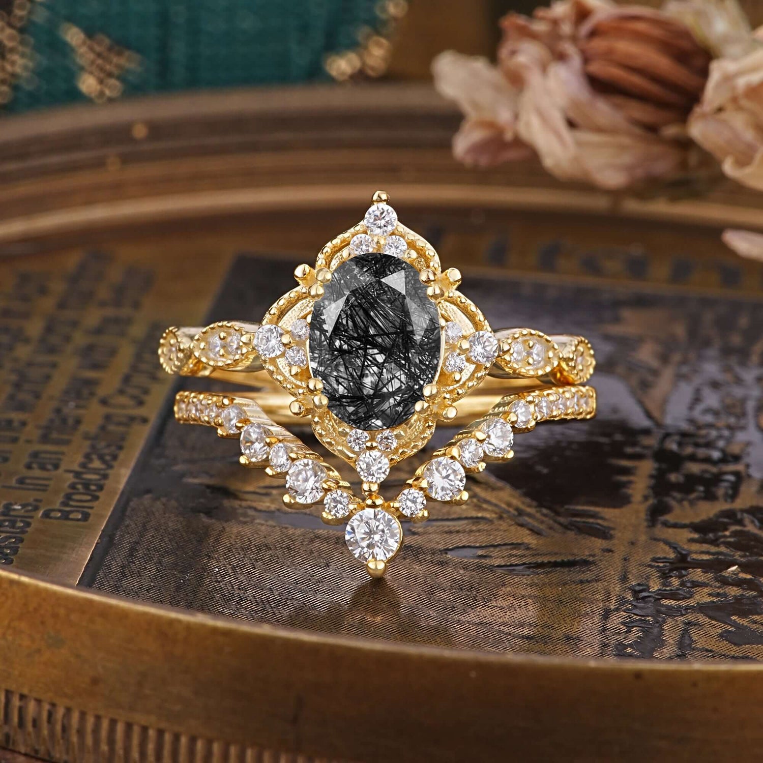 Gorgeous Oval Cut Black Rutilated Quartz Engagement Ring Set