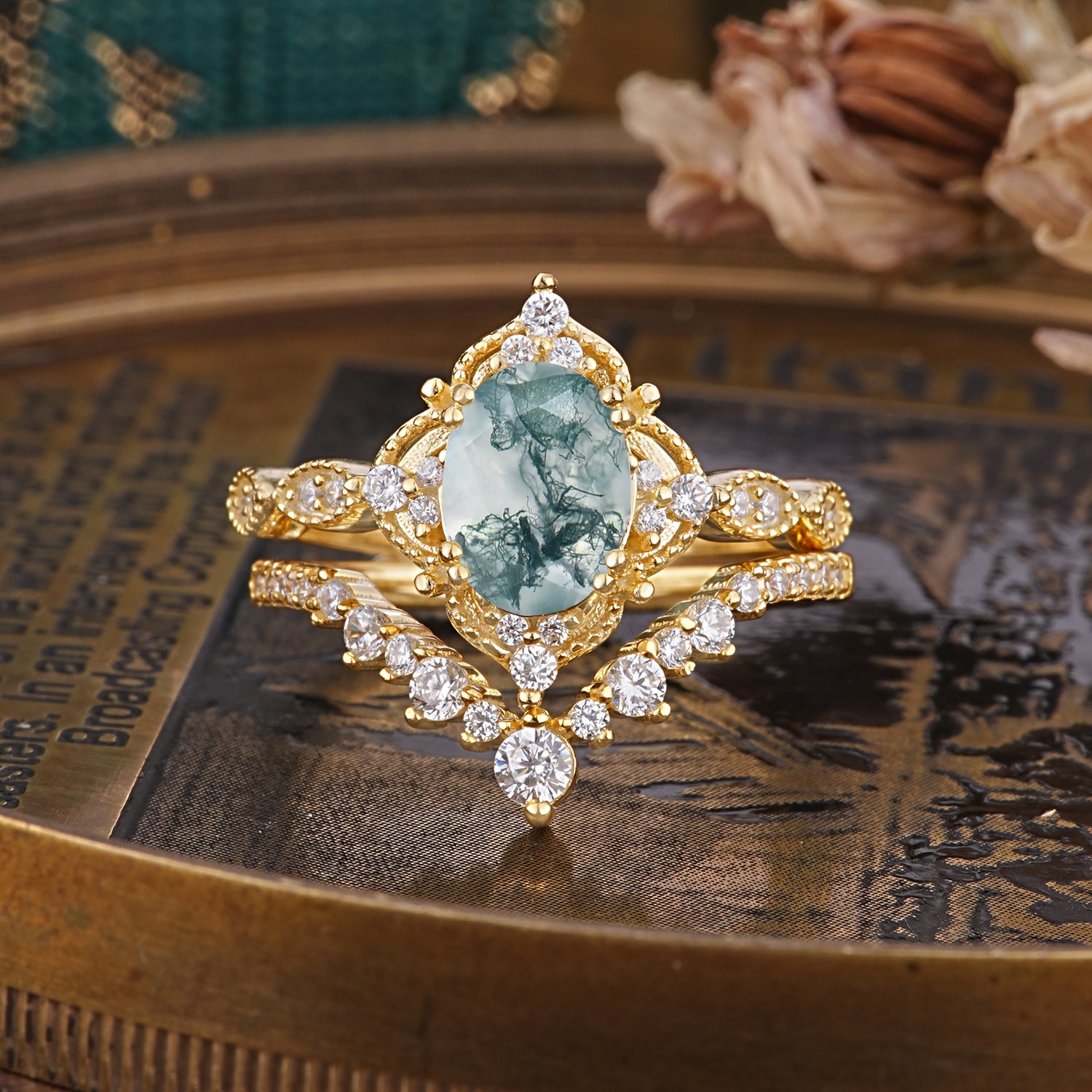 Gorgeous Oval Cut Natural Moss Agate Bridal Ring Set