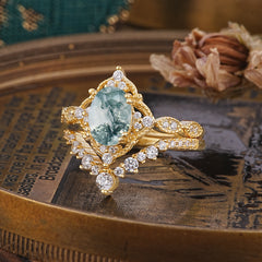 Gorgeous Oval Cut Natural Moss Agate Engagement Ring Set