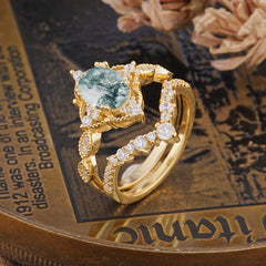 Gorgeous Oval Cut Natural Moss Agate Engagement Ring Set
