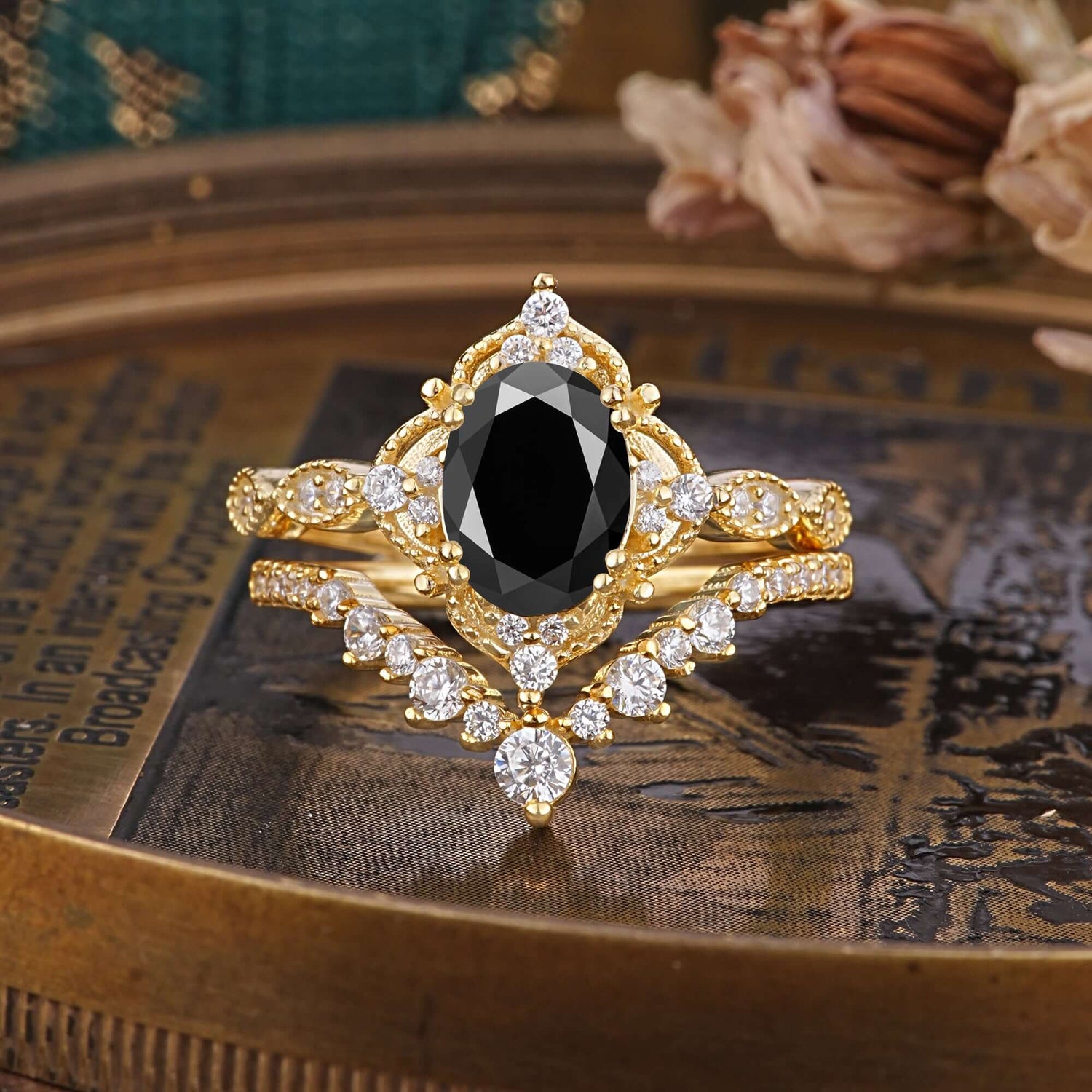 Gorgeous Oval Cut Black Onyx Bridal Ring Set