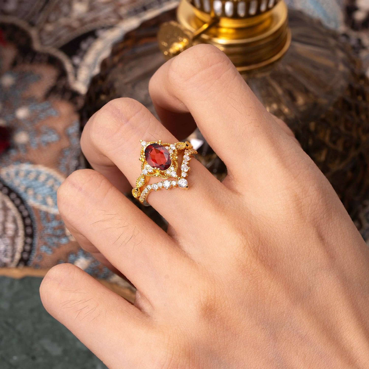 Gorgeous Oval Cut Natural Garnet Bridal Ring Set