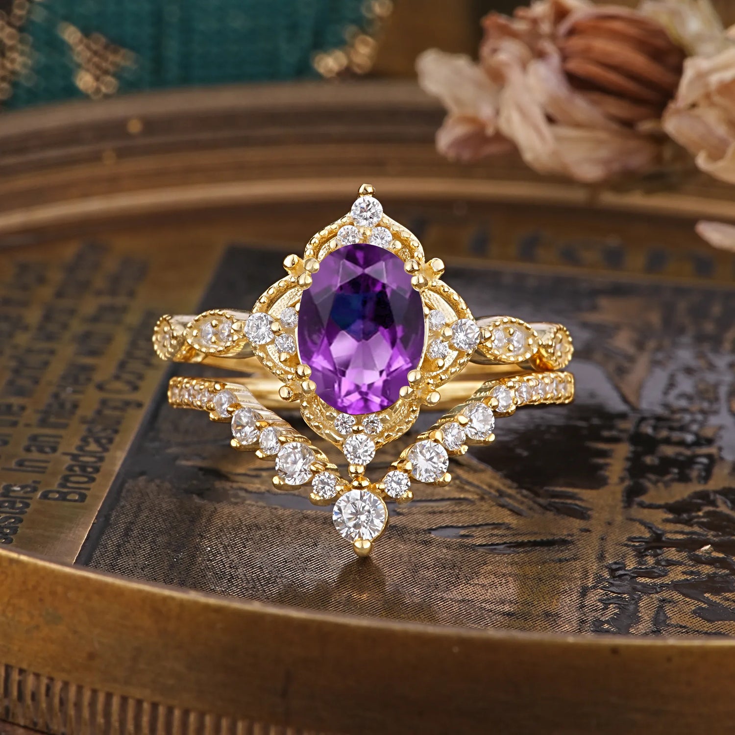 Gorgeous Oval Cut Amethyst Bridal Ring Set