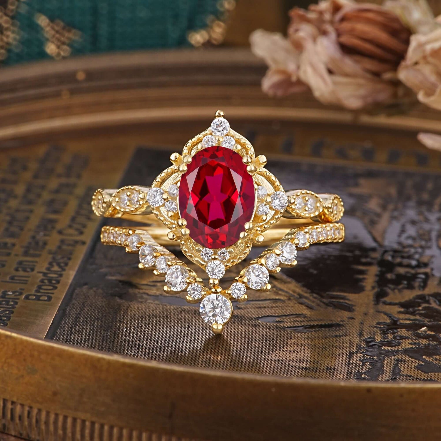 Gorgeous Oval Cut Ruby Bridal Ring Set