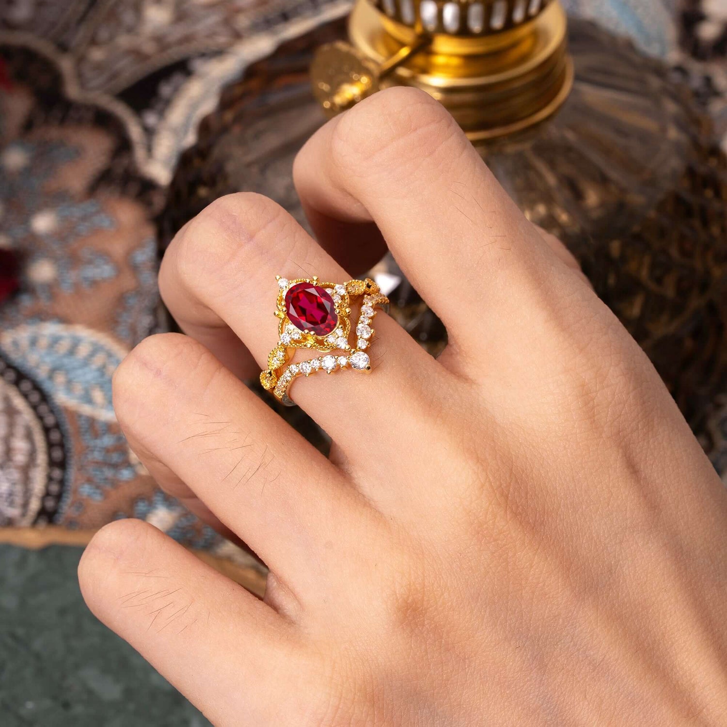 Gorgeous Oval Cut Ruby Bridal Ring Set