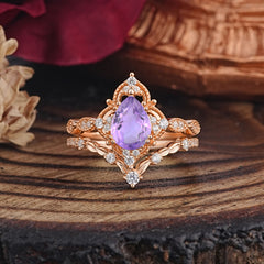 Luxury Vintage Pear-Cut Natural Amethyst Engagement Ring Set