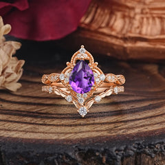 Luxury Vintage Pear-Cut Natural Amethyst Engagement Ring Set