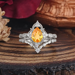 Luxury Vintage Pear-Cut Citrine Engagement Ring Set