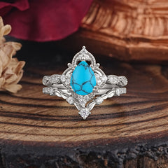 Luxury Vintage Pear-Cut Turquoise Engagement Ring Set