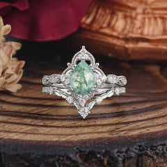 Luxury Vintage Pear-Cut Natural Moss Agate Engagement Ring Set