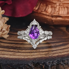 Luxury Vintage Pear-Cut Natural Amethyst Engagement Ring Set
