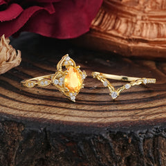 Luxury Vintage Pear-Cut Citrine Engagement Ring Set