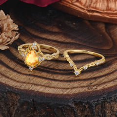 Luxury Vintage Pear-Cut Citrine Engagement Ring Set