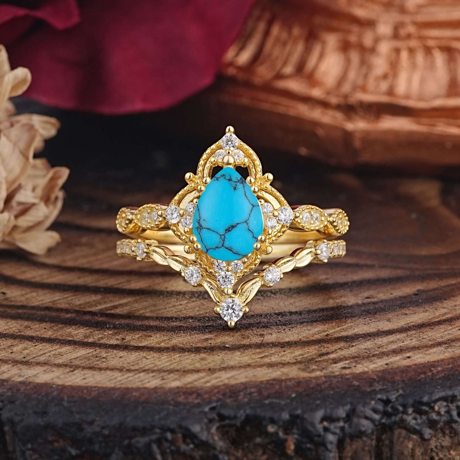 Luxury Vintage Pear-Cut Turquoise Bridal Ring Set