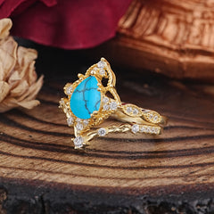 Luxury Vintage Pear-Cut Turquoise Engagement Ring Set