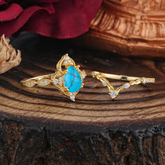 Luxury Vintage Pear-Cut Turquoise Engagement Ring Set