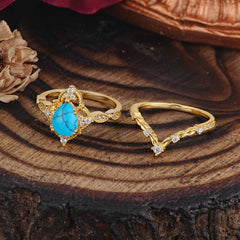 Luxury Vintage Pear-Cut Turquoise Engagement Ring Set