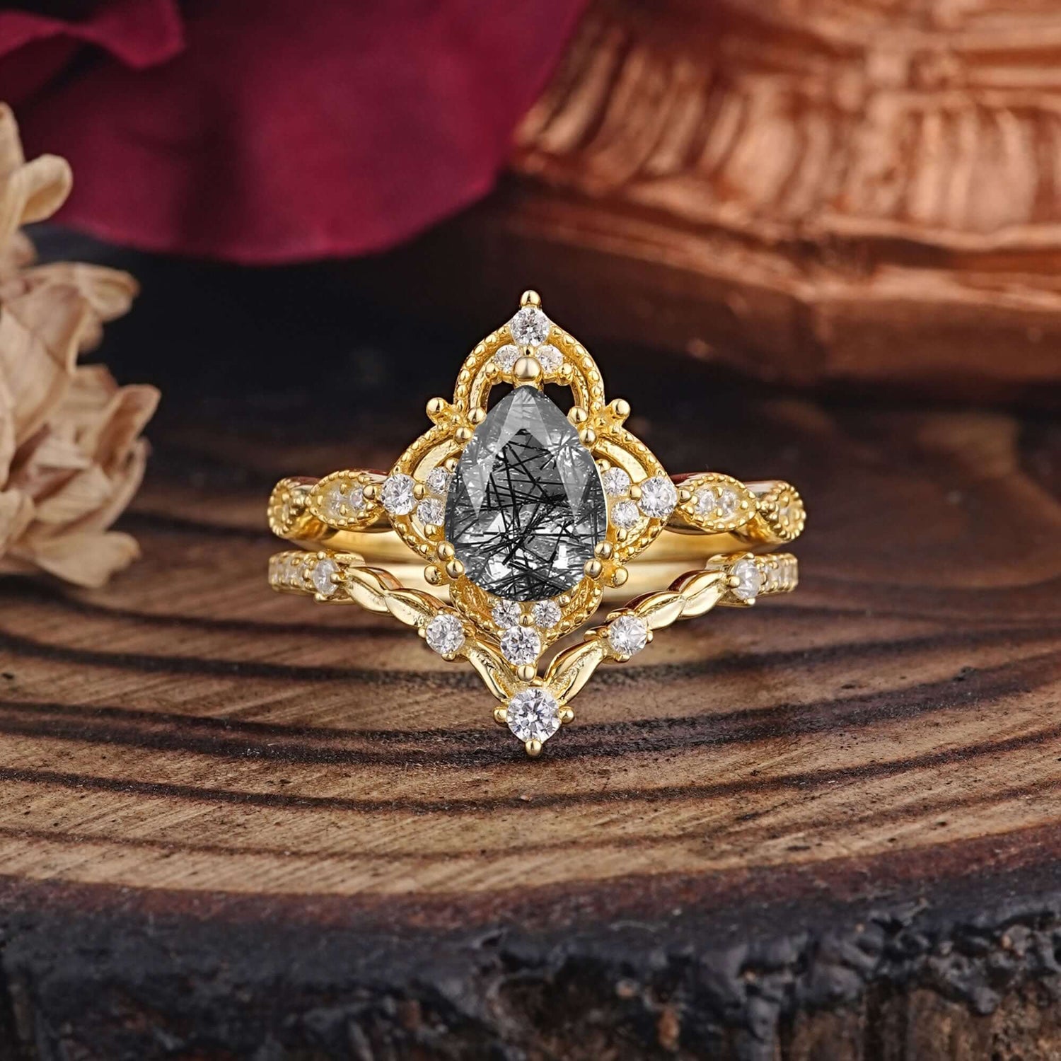 Luxury Vintage Pear-Cut Black Rutilated Quartz Bridal Ring Set