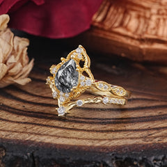 Luxury Vintage Pear-Cut Black Rutilated Quartz Engagement Ring Set