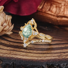 Luxury Vintage Pear-Cut Natural Moss Agate Engagement Ring Set