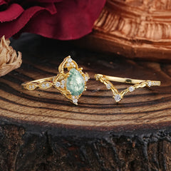 Luxury Vintage Pear-Cut Natural Moss Agate Engagement Ring Set