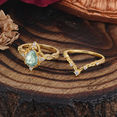 Luxury Vintage Pear-Cut Natural Moss Agate Engagement Ring Set