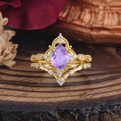 Luxury Vintage Pear-Cut Natural Amethyst Engagement Ring Set