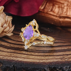 Luxury Vintage Pear-Cut Natural Amethyst Engagement Ring Set