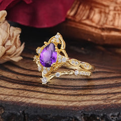 Luxury Vintage Pear-Cut Natural Amethyst Engagement Ring Set