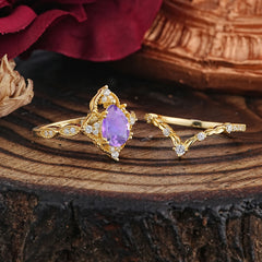 Luxury Vintage Pear-Cut Natural Amethyst Engagement Ring Set