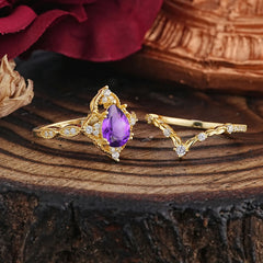 Luxury Vintage Pear-Cut Natural Amethyst Engagement Ring Set